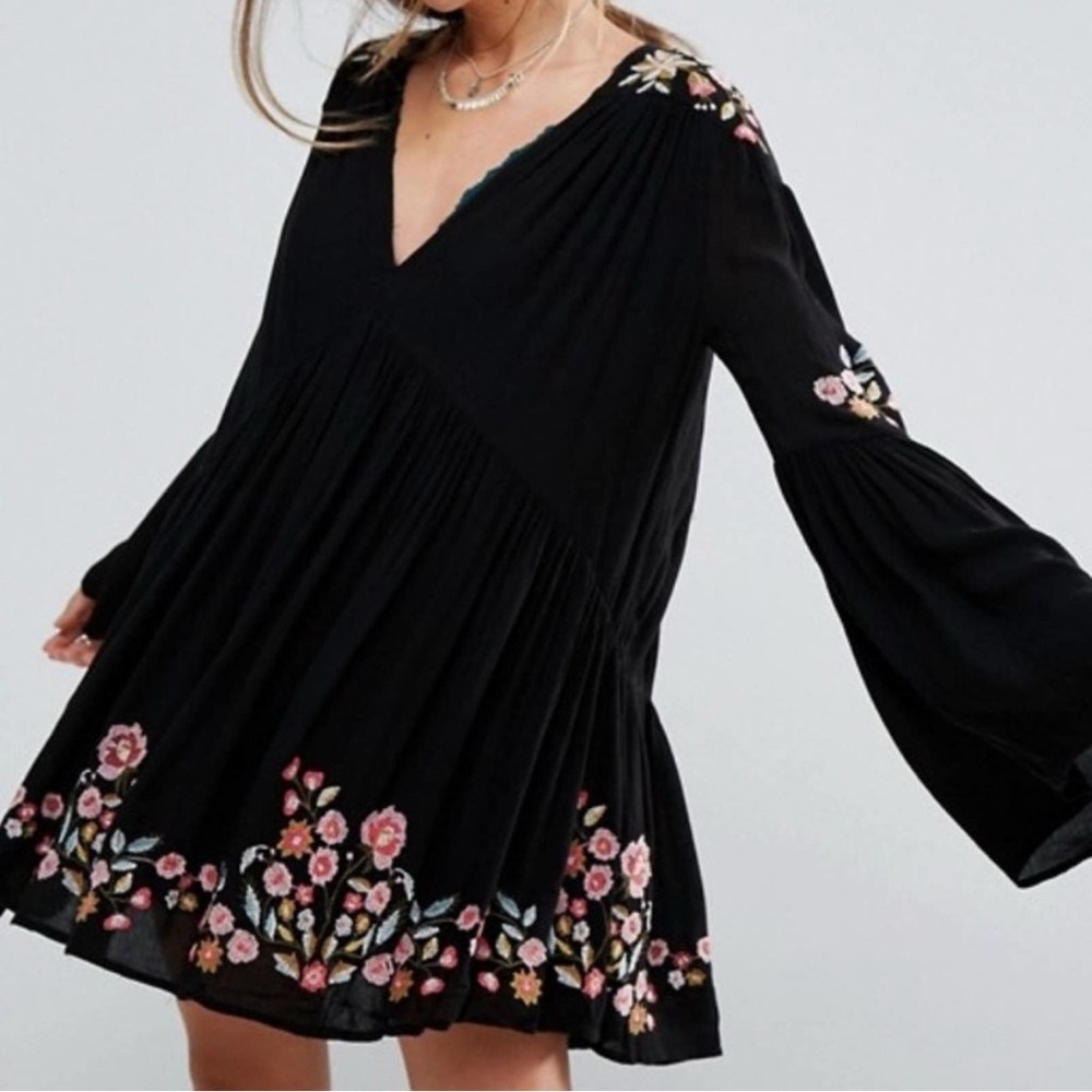 Free People Black Mini Dress with Pink Floral Embroidery